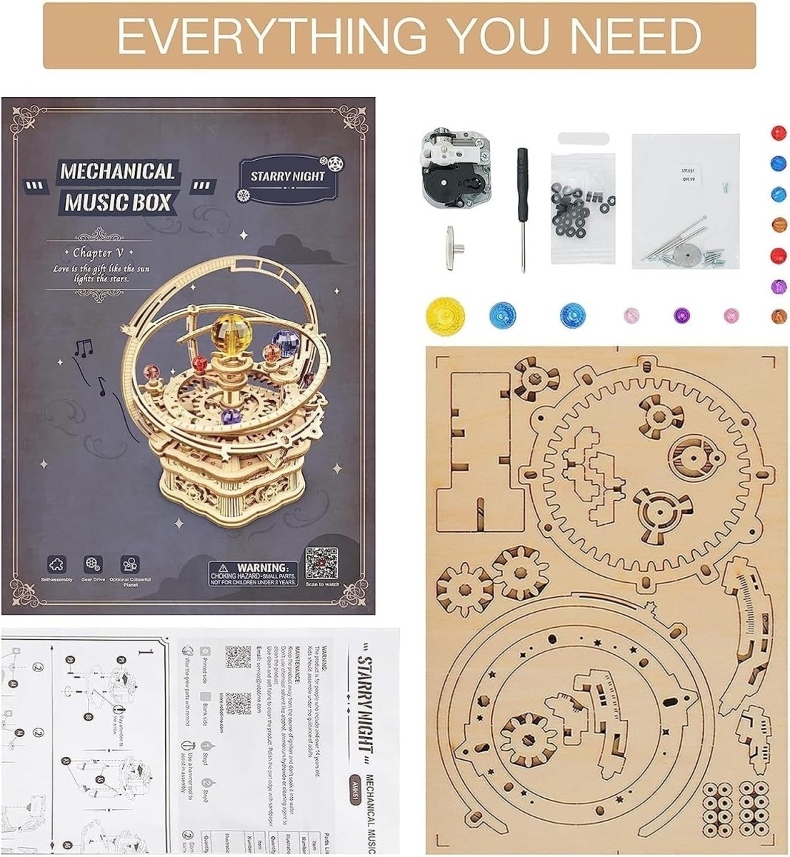3D Wooden Music Box Puzzle Starry Night Mechanical DIY Model Kit - Kwikley