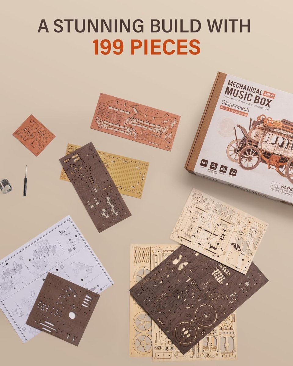 3D Wooden Music Box Stagecoach Puzzle Mechanical DIY Model Gift - Kwikley