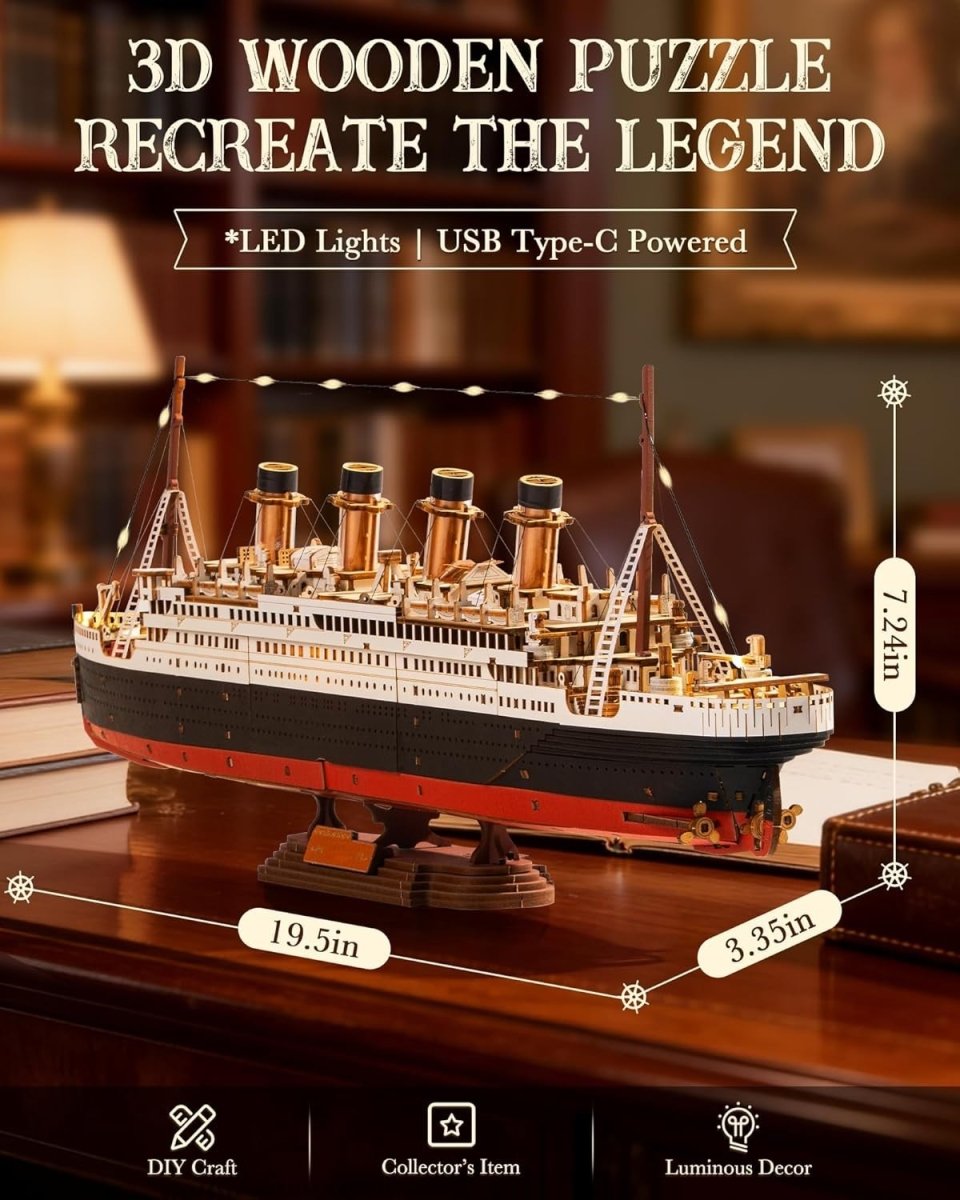 3D Wooden Ocean Liner Puzzle LED Ship Model Kit Nautical Decor Gift - Kwikley