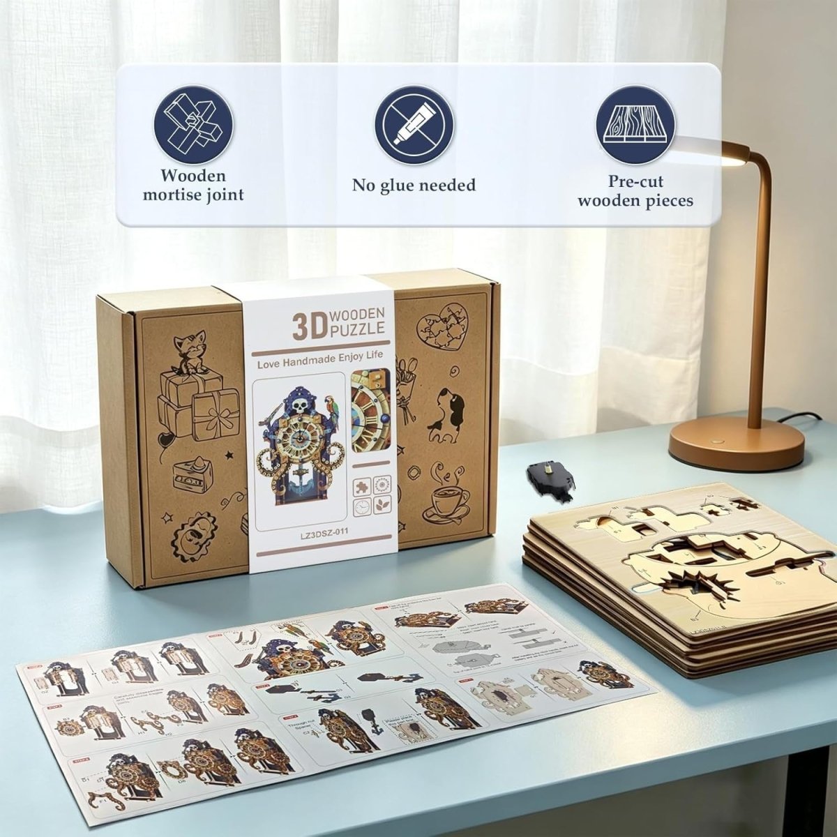 3D Wooden Octopus Pirate Clock Puzzle DIY Mechanical Wall Decor Gift - Kwikley