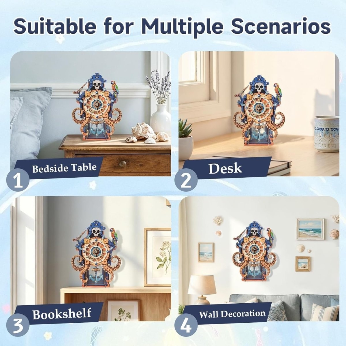 3D Wooden Octopus Pirate Clock Puzzle DIY Mechanical Wall Decor Gift - Kwikley