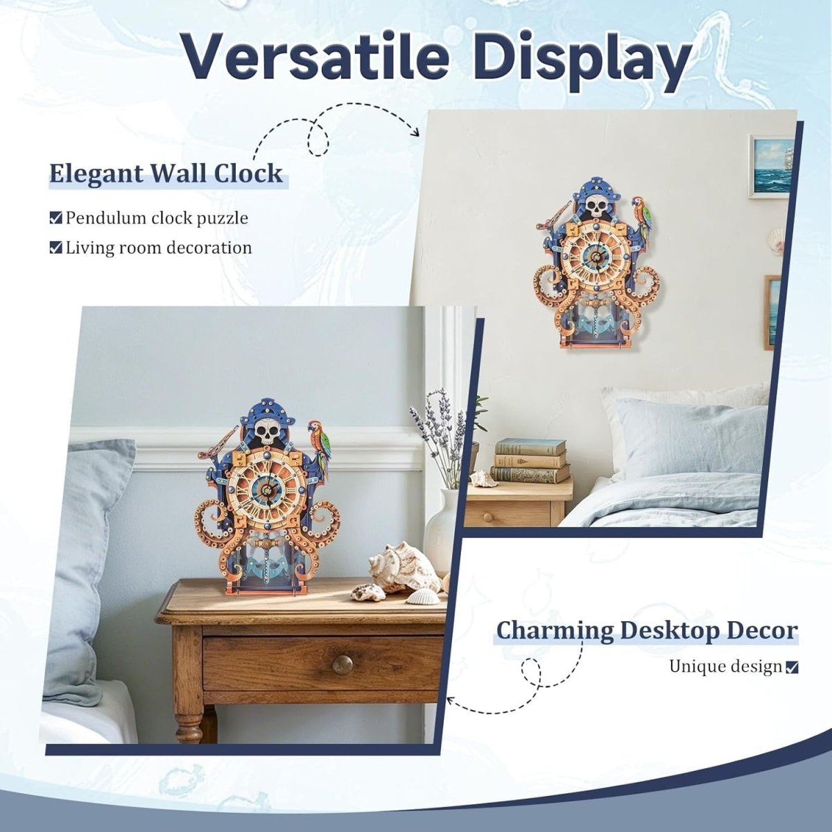3D Wooden Octopus Pirate Clock Puzzle DIY Mechanical Wall Decor Gift - Kwikley