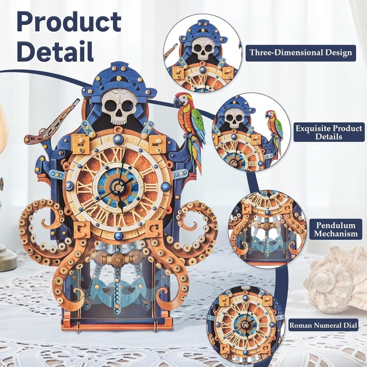 3D Wooden Octopus Pirate Clock Puzzle DIY Mechanical Wall Decor Gift - Kwikley