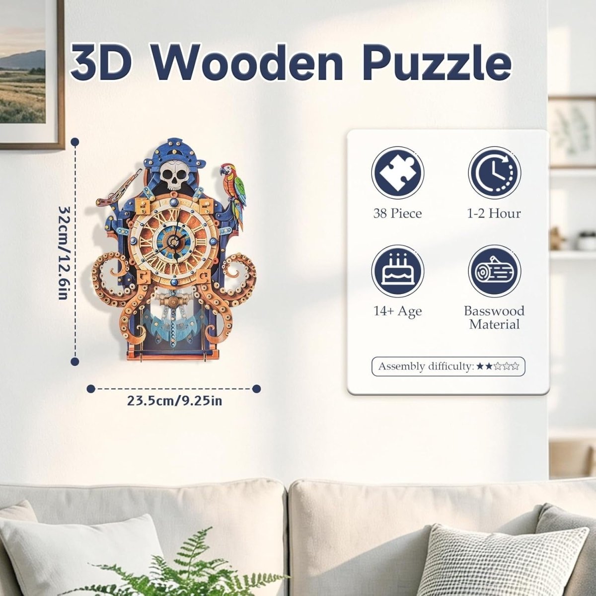 3D Wooden Octopus Pirate Clock Puzzle DIY Mechanical Wall Decor Gift - Kwikley