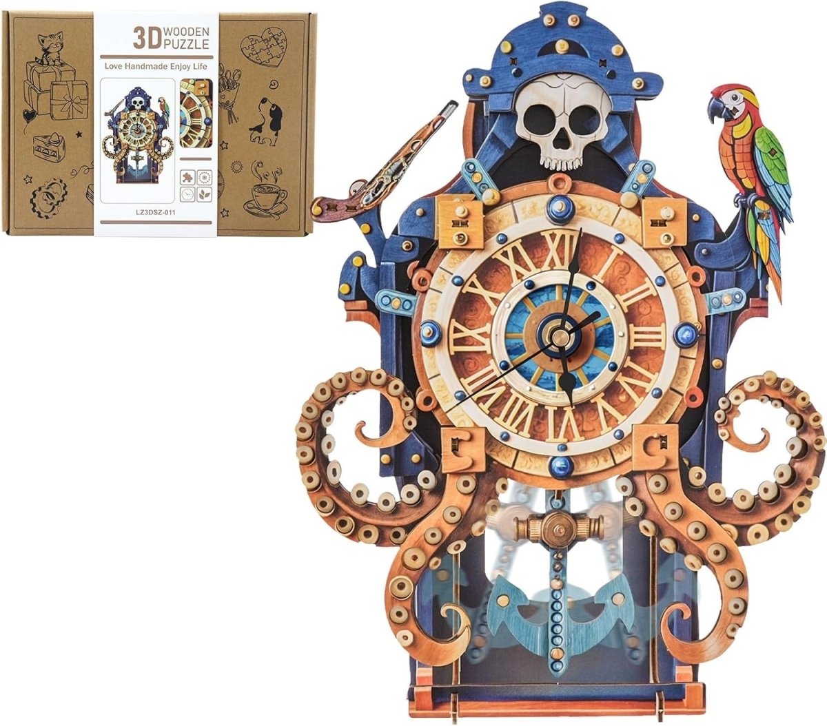 3D Wooden Octopus Pirate Clock Puzzle DIY Mechanical Wall Decor Gift - Kwikley