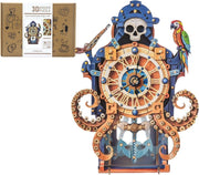 3D Wooden Octopus Pirate Clock Puzzle DIY Mechanical Wall Decor Gift - Kwikley