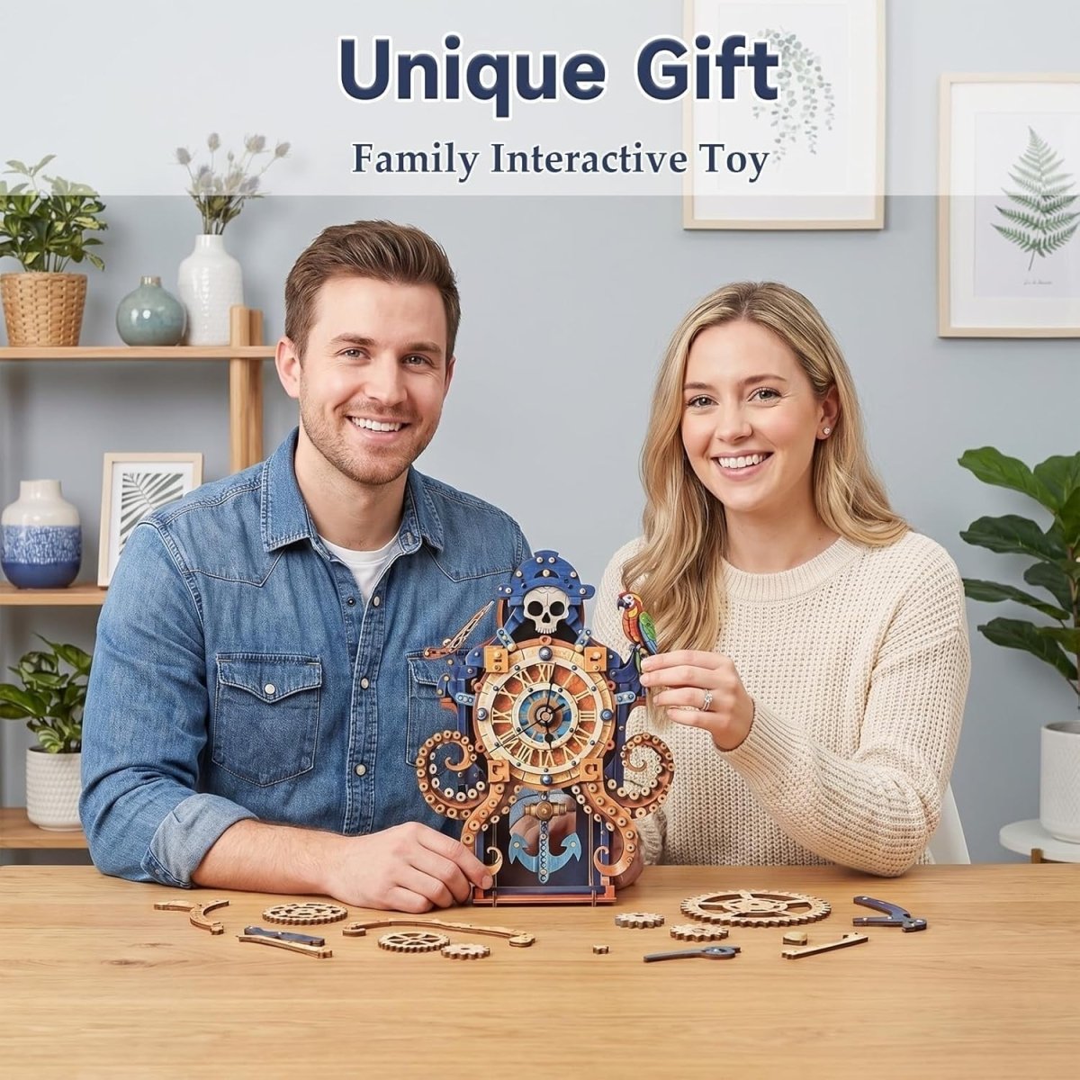 3D Wooden Octopus Pirate Clock Puzzle DIY Mechanical Wall Decor Gift - Kwikley
