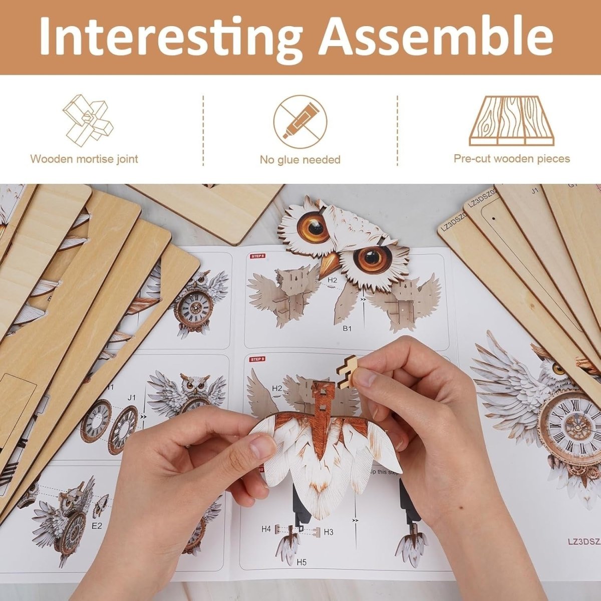 3D Wooden Owl Wall Clock Puzzle Kit Pendulum DIY Home Decor Gift - Kwikley