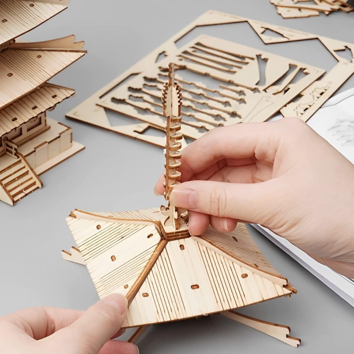 3D Wooden Pagoda Puzzle Japanese Temple Model DIY Home Decor Gift - Kwikley