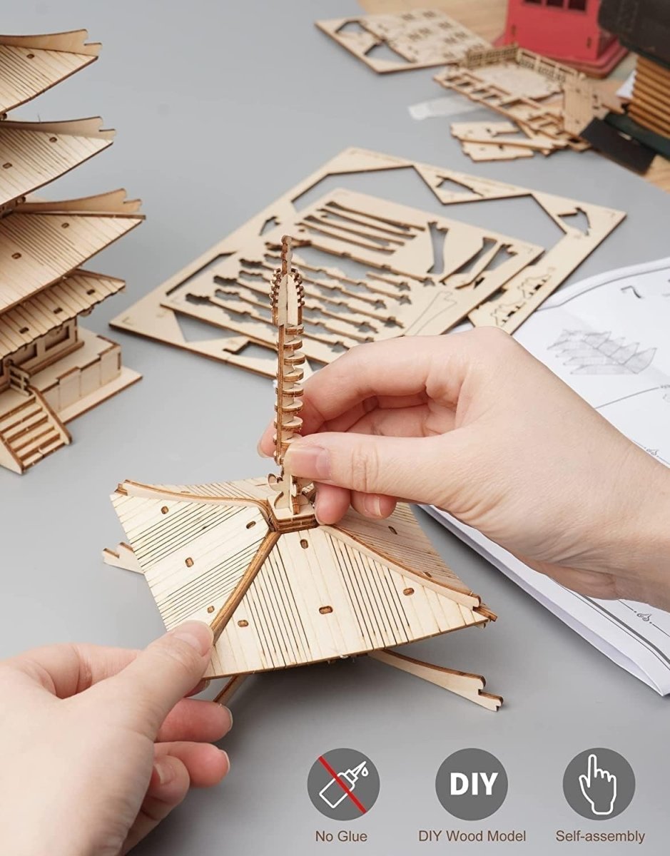 3D Wooden Pagoda Puzzle Japanese Temple Model Kit DIY Home Decor - Kwikley