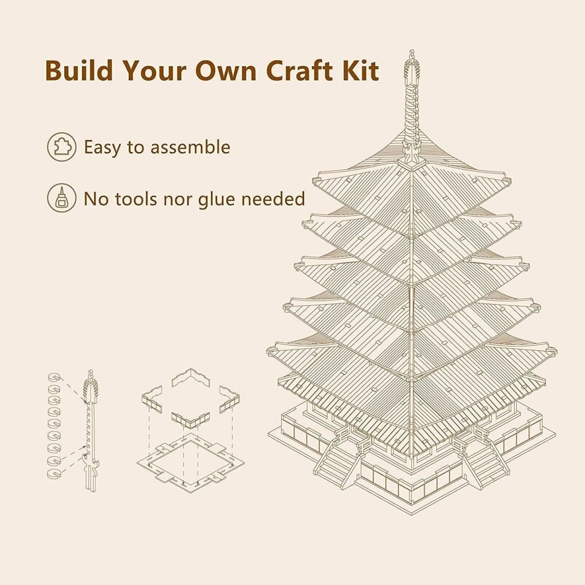 3D Wooden Pagoda Puzzle Japanese Temple Model Kit DIY Home Decor - Kwikley