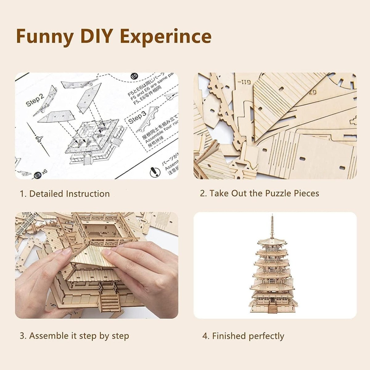 3D Wooden Pagoda Puzzle Japanese Temple Model Kit DIY Home Decor - Kwikley