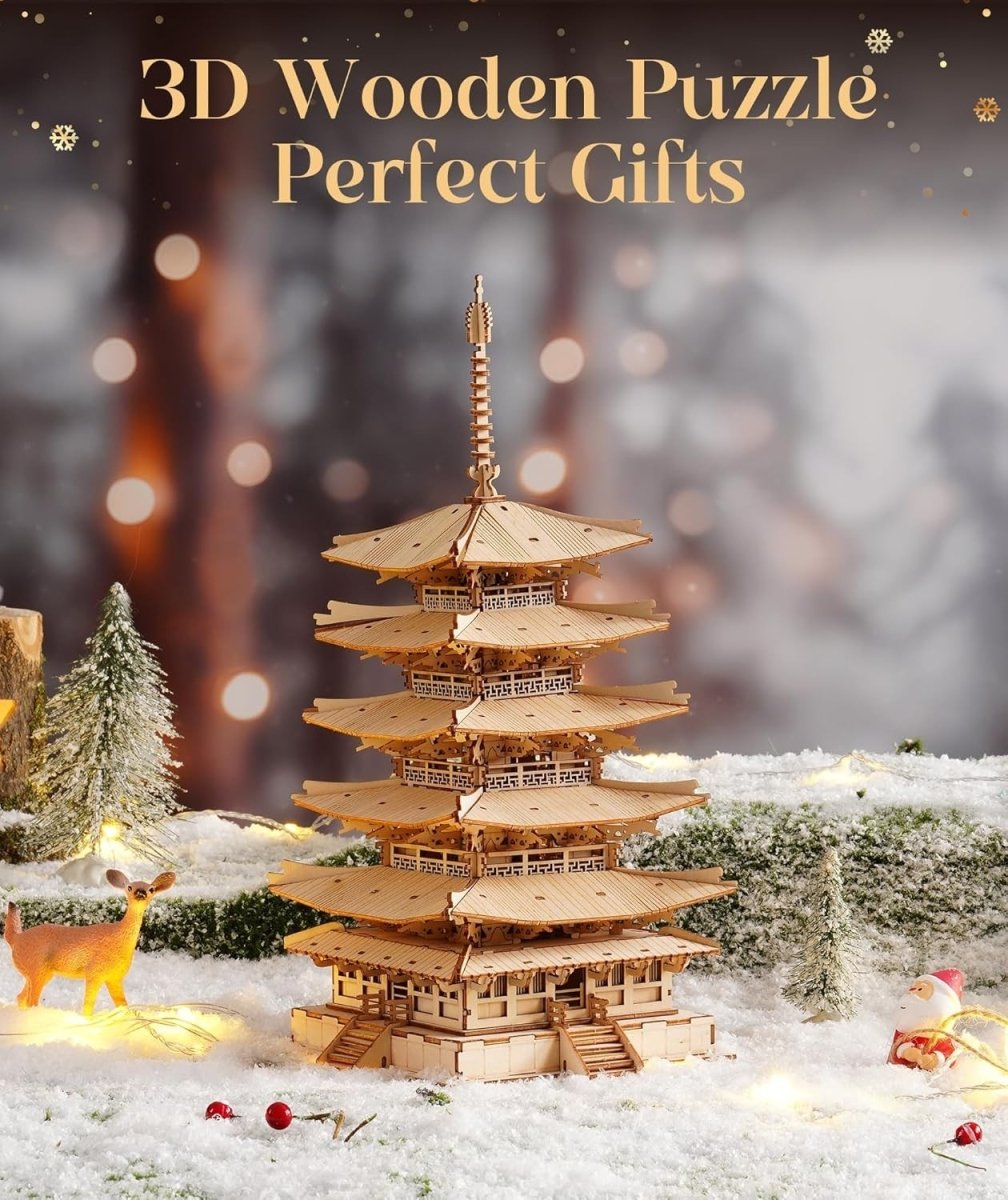 3D Wooden Pagoda Puzzle Japanese Temple Model Kit DIY Home Decor - Kwikley