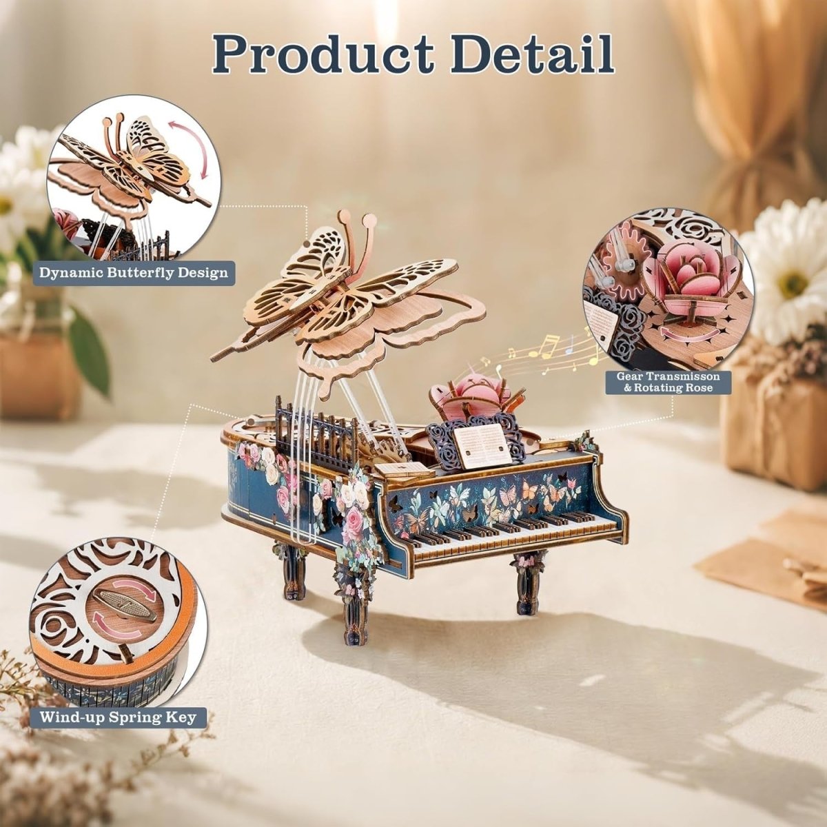 3D Wooden Piano Music Box Puzzle DIY Mechanical Butterfly Model Kit - Kwikley