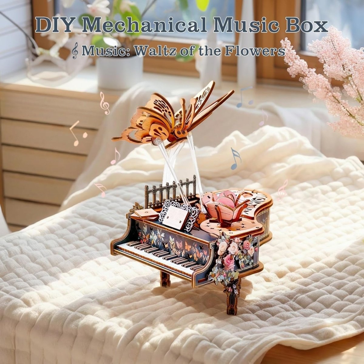 3D Wooden Piano Music Box Puzzle DIY Mechanical Butterfly Model Kit - Kwikley