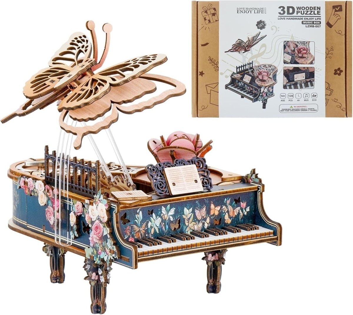 3D Wooden Piano Music Box Puzzle DIY Mechanical Butterfly Model Kit - Kwikley