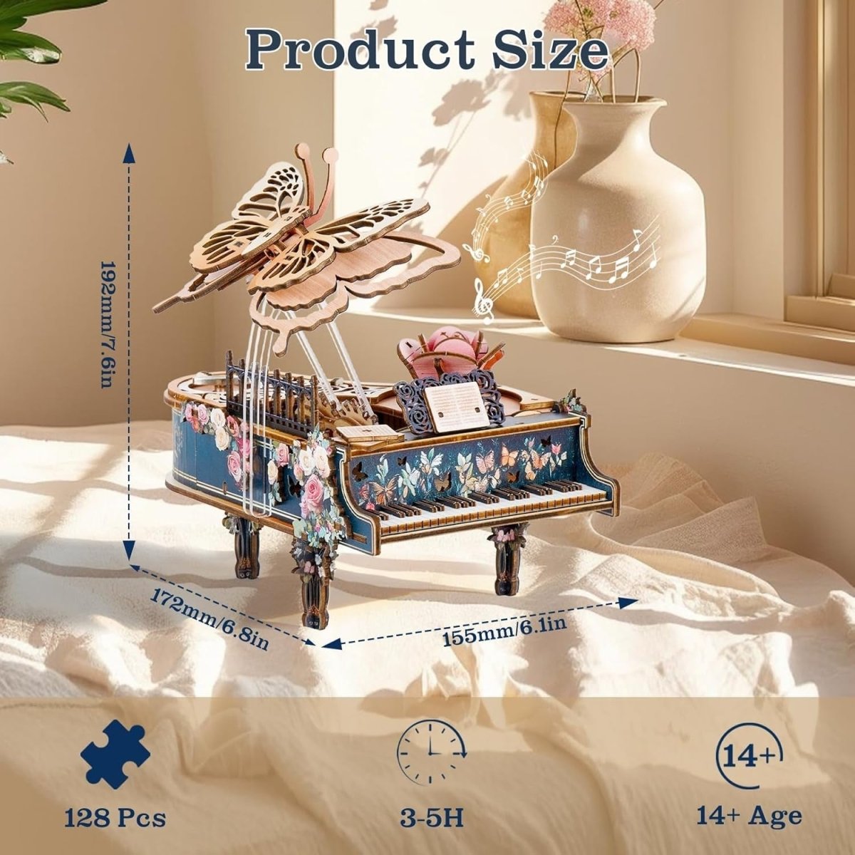 3D Wooden Piano Music Box Puzzle DIY Mechanical Butterfly Model Kit - Kwikley