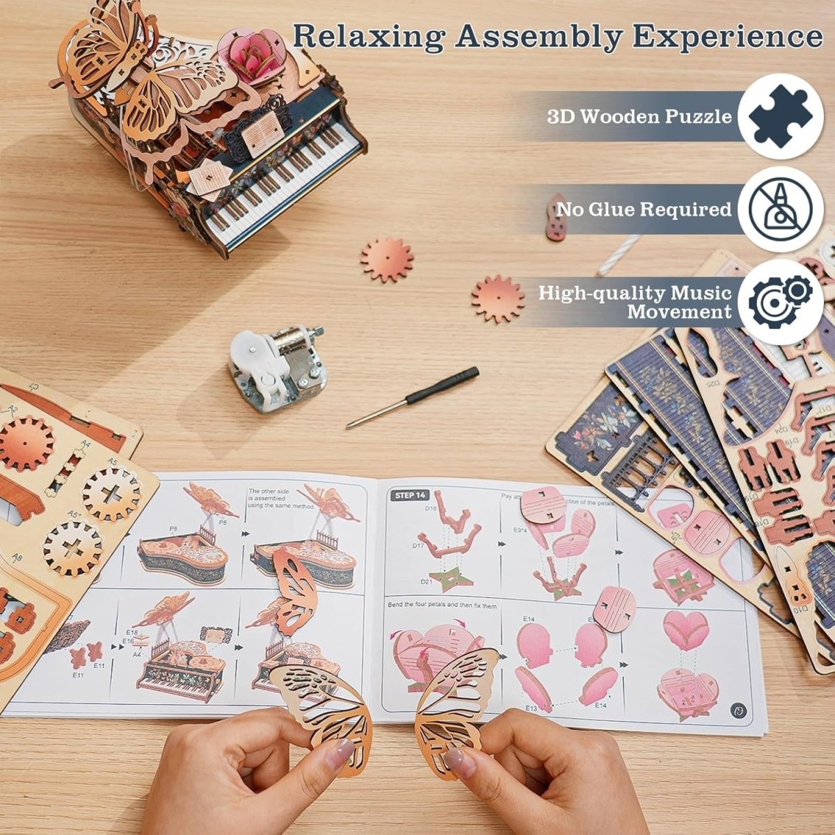 3D Wooden Piano Music Box Puzzle DIY Mechanical Butterfly Model Kit - Kwikley