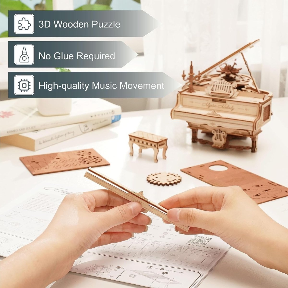 3D Wooden Piano Puzzle Music Box Model Kit Self Playing Desk Decor Gift - Kwikley