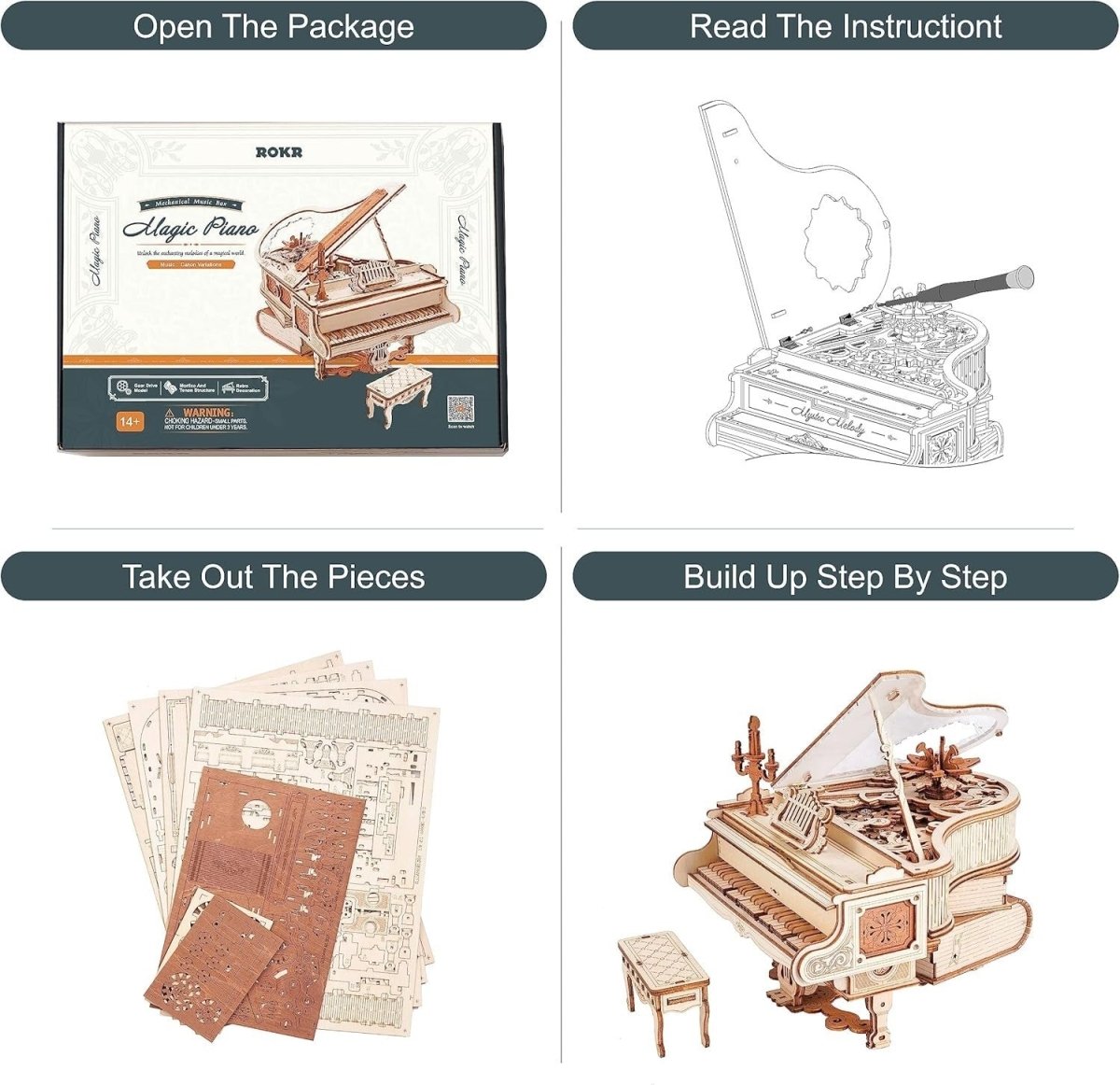 3D Wooden Piano Puzzle Music Box Model Kit Self Playing Desk Decor Gift - Kwikley