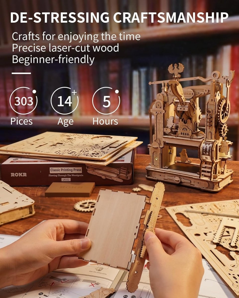 3D Wooden Printing Press Puzzle Mechanical DIY Model Kit 303PCS Adult - Kwikley