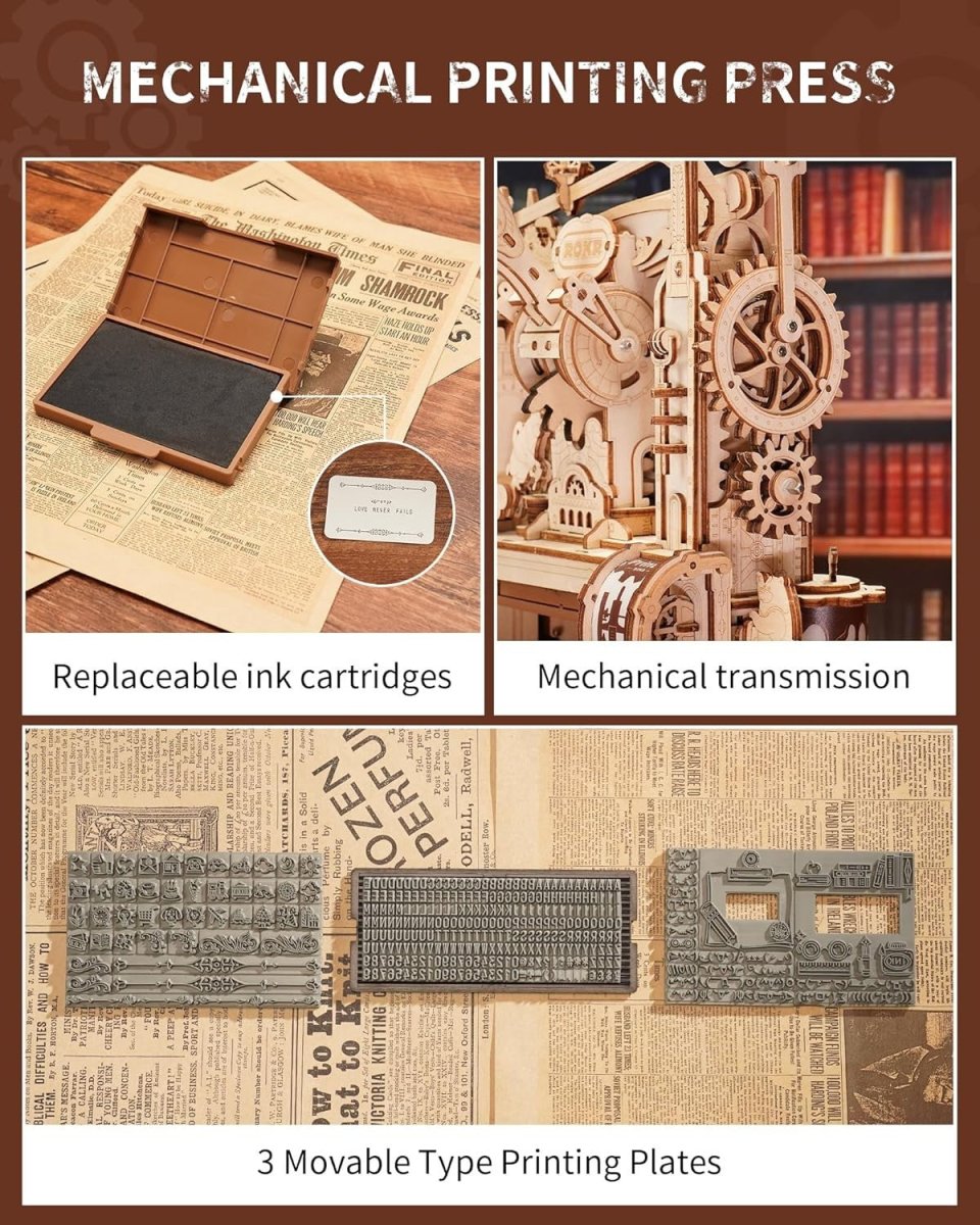 3D Wooden Printing Press Puzzle Mechanical DIY Model Kit 303PCS Adult - Kwikley