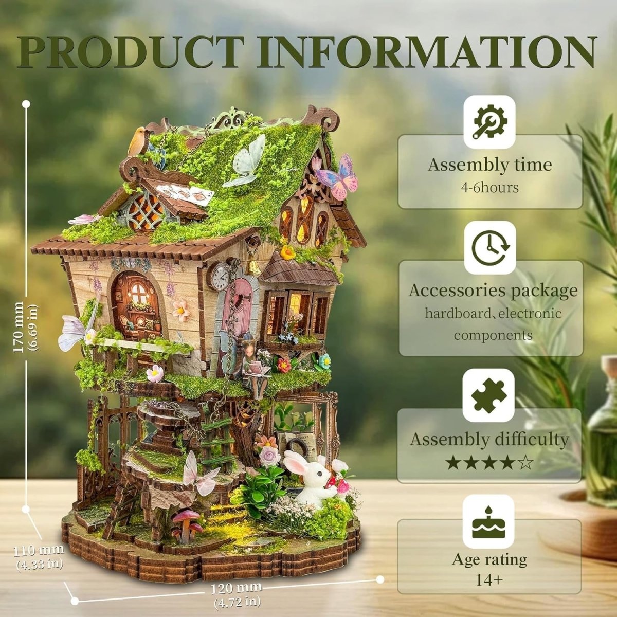 3D Wooden Puzzle Fairy Treehouse DIY Miniature Kit LED Dollhouse Decor - Kwikley