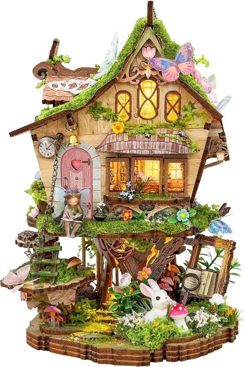 3D Wooden Puzzle Fairy Treehouse DIY Miniature Kit LED Dollhouse Decor - Kwikley