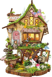 3D Wooden Puzzle Fairy Treehouse DIY Miniature Kit LED Dollhouse Decor - Kwikley