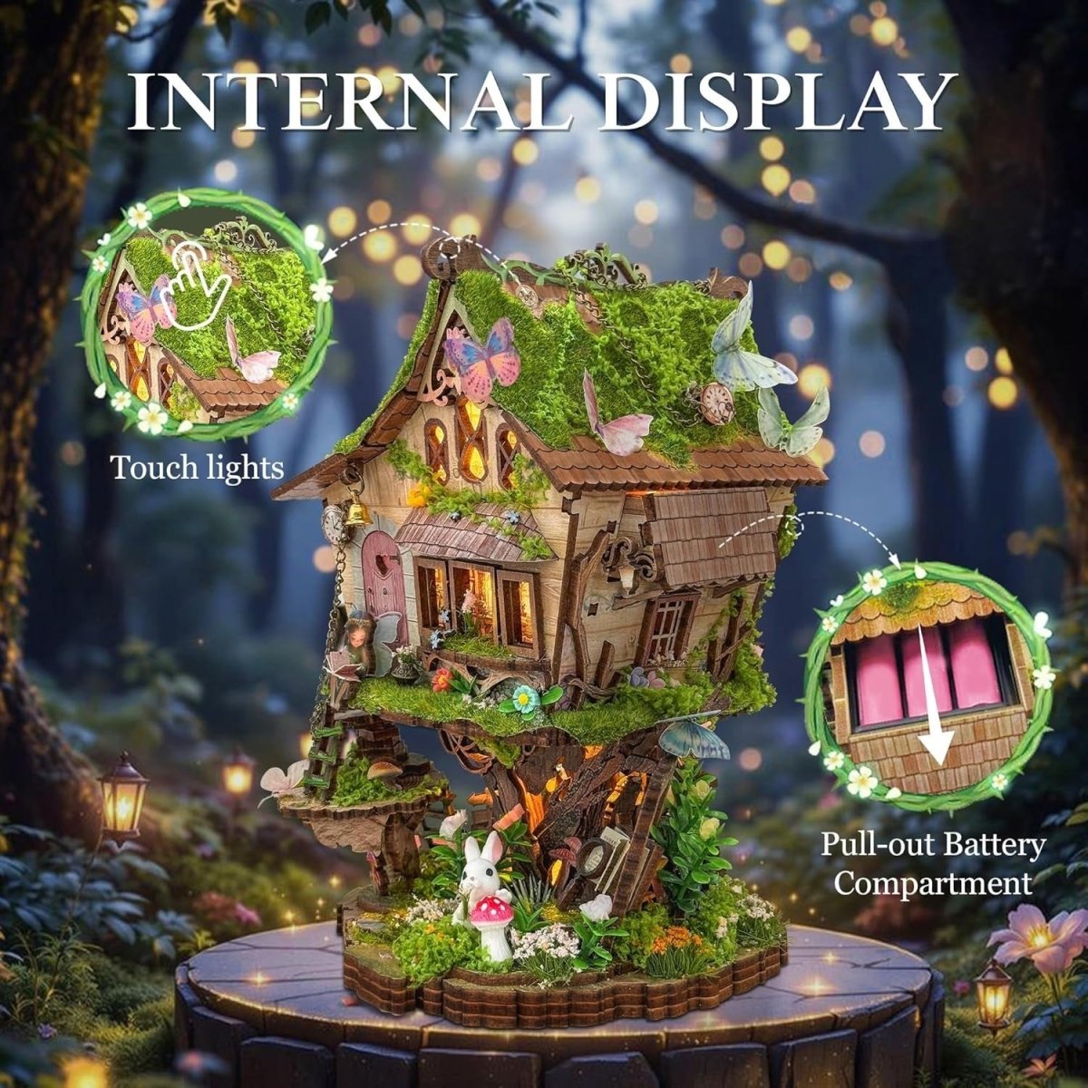 3D Wooden Puzzle Fairy Treehouse DIY Miniature Kit LED Dollhouse Decor - Kwikley