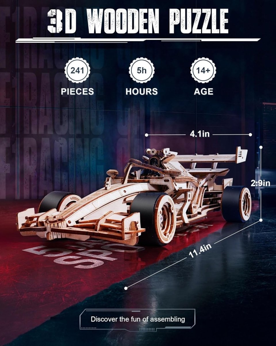 3D Wooden Racing Car Puzzle DIY Mechanical Model Kit Moves 8-10M Gift - Kwikley