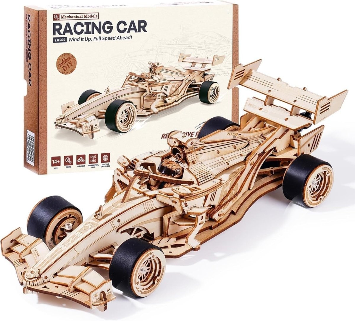 3D Wooden Racing Car Puzzle DIY Mechanical Model Kit Moves 8-10M Gift - Kwikley