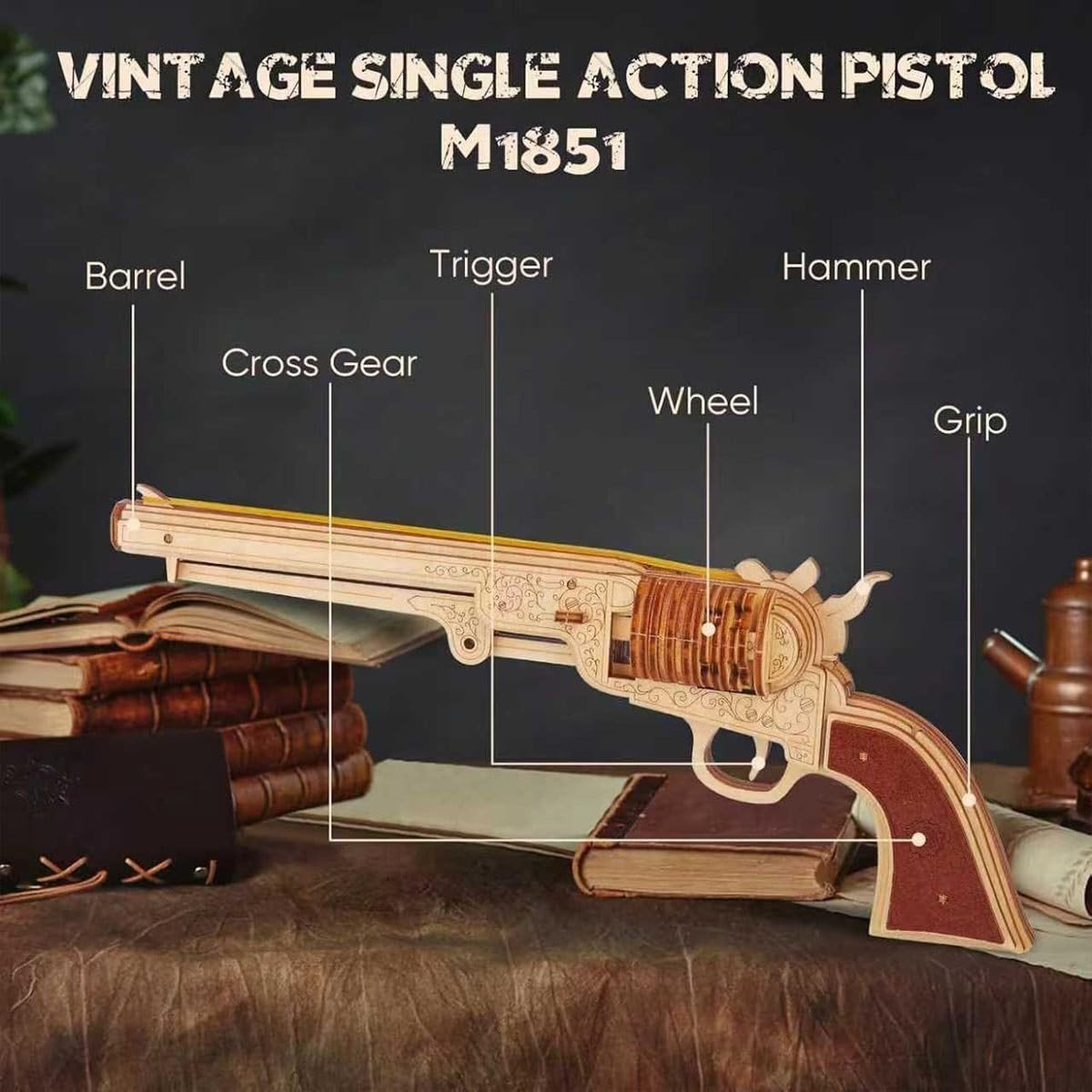 3D Wooden Revolver Puzzle DIY Mechanical Model Kit 70PCS Adult Build - Kwikley