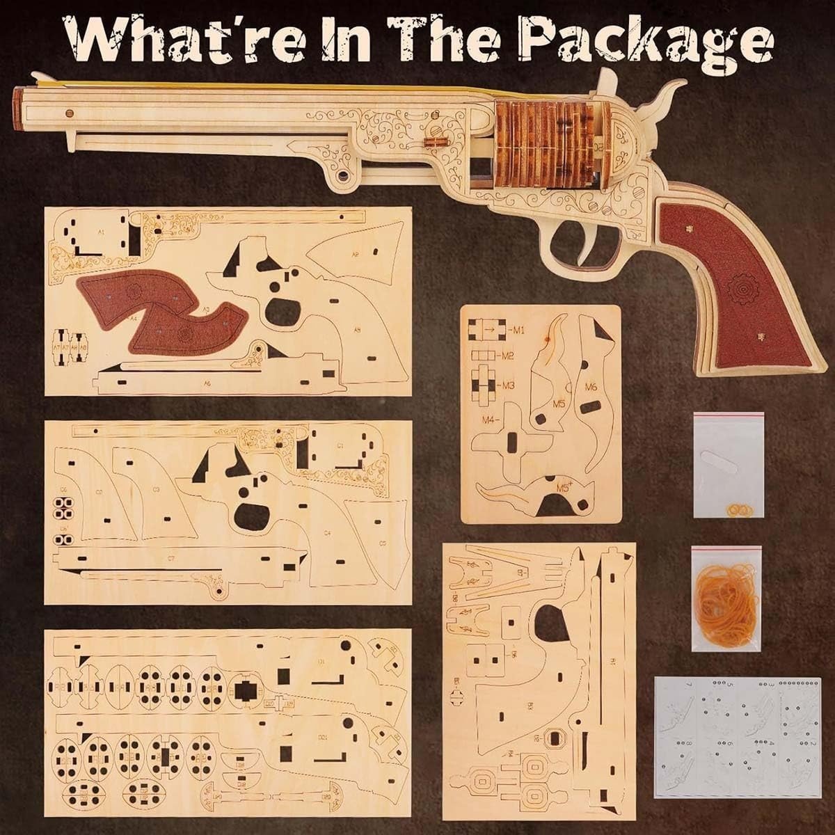 3D Wooden Revolver Puzzle DIY Mechanical Model Kit 70PCS Adult Build - Kwikley