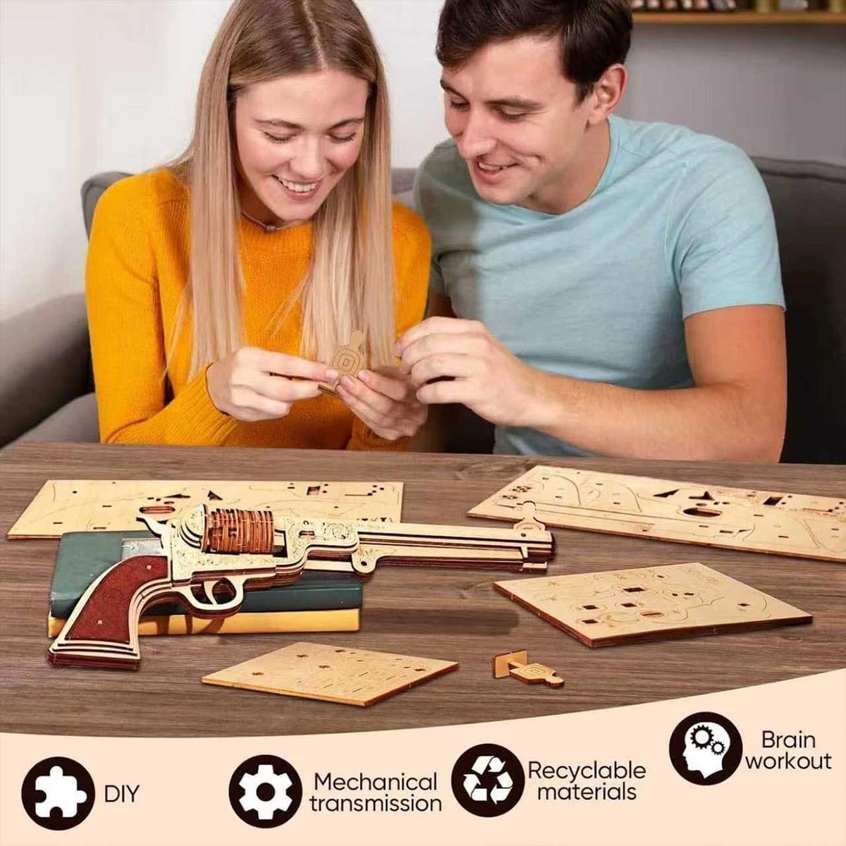 3D Wooden Revolver Puzzle DIY Mechanical Model Kit 70PCS Adult Build - Kwikley