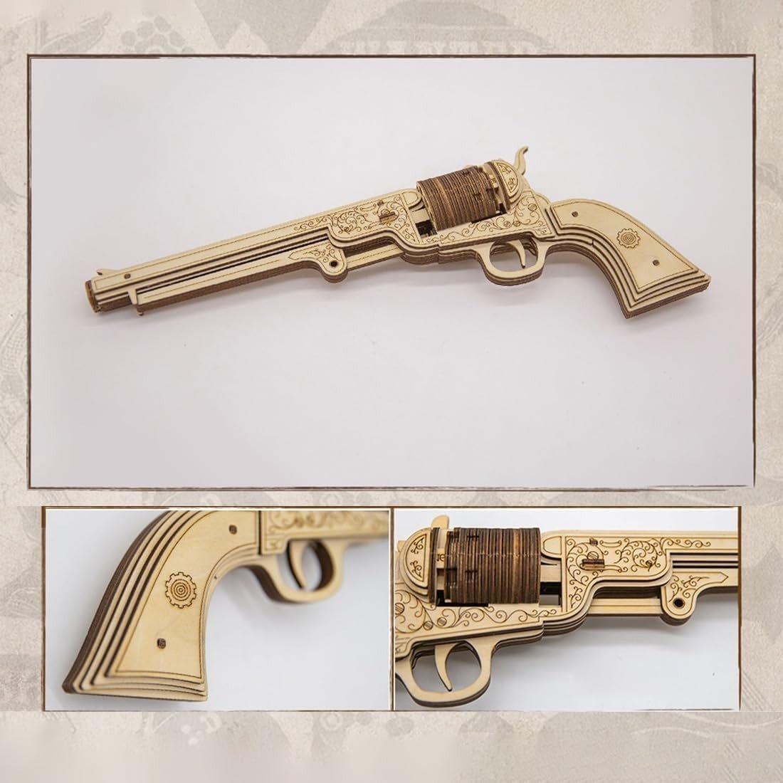 3D Wooden Revolver Puzzle DIY Mechanical Model Kit 70PCS Adult Build - Kwikley
