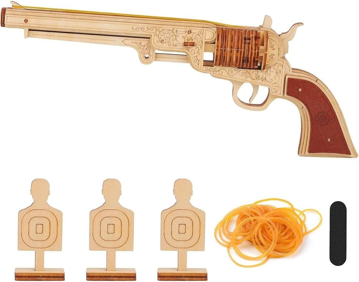 3D Wooden Revolver Puzzle DIY Mechanical Model Kit 70PCS Adult Build - Kwikley