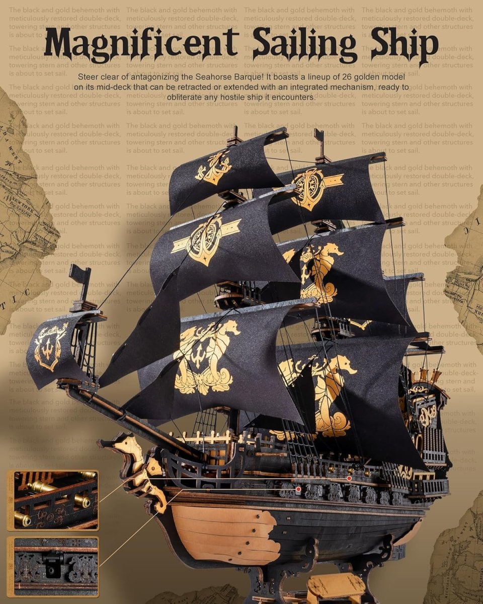 3D Wooden Sailing Ship Puzzle Model Kit Seahorse Barque 603PCS Decor - Kwikley