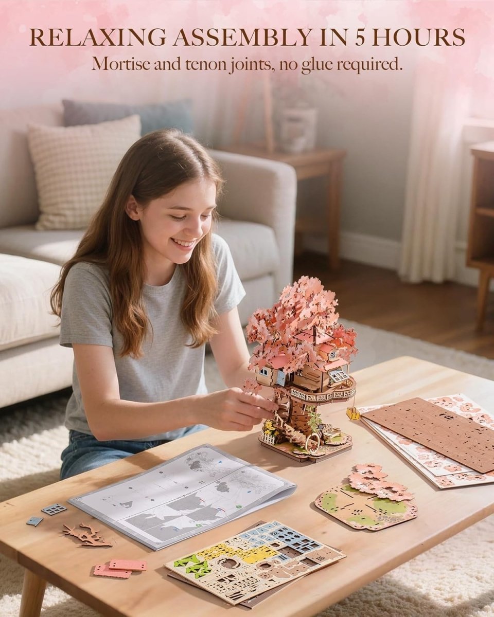 3D Wooden Sakura Tree House DIY Miniature Model Kit Home Decor Gift - Kwikley