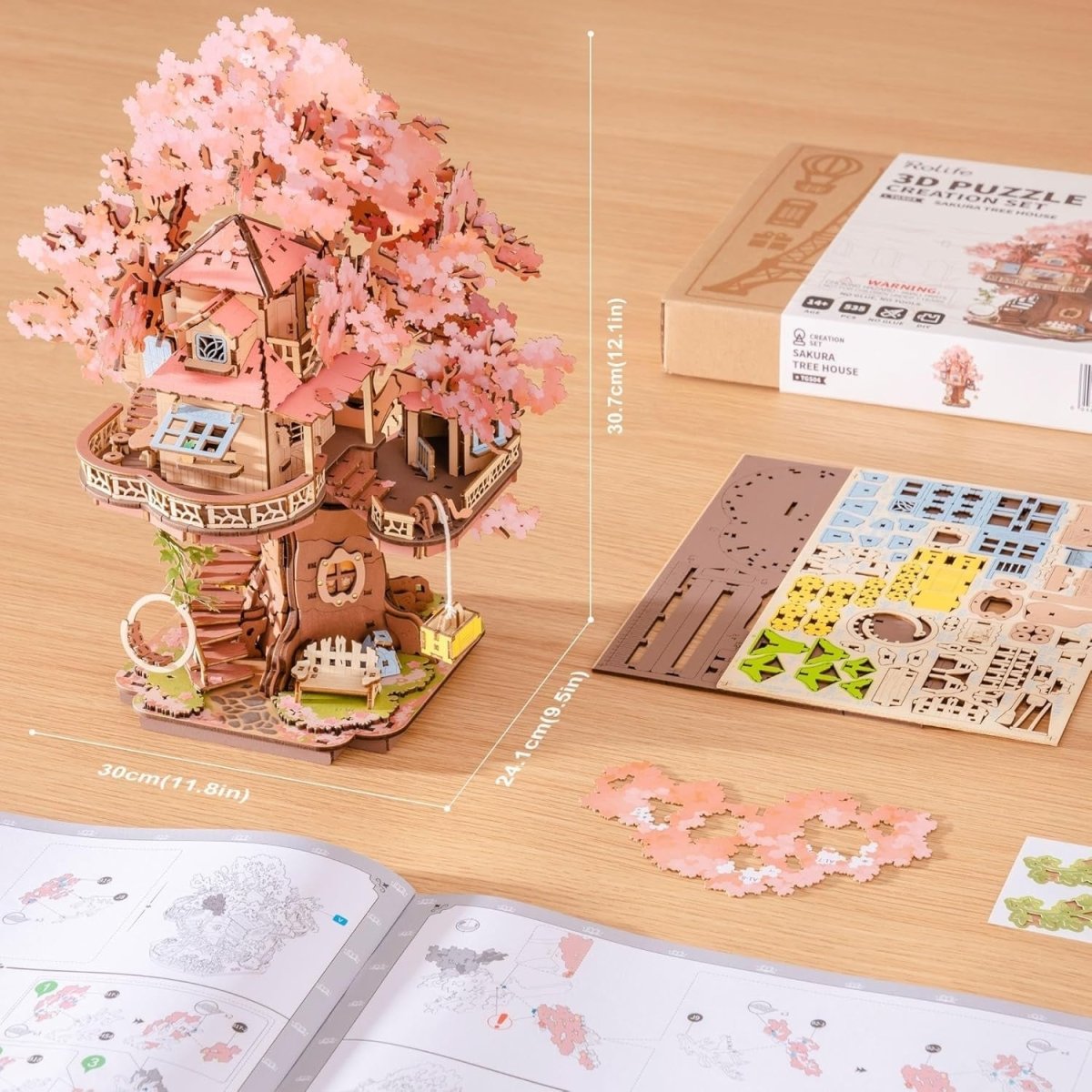 3D Wooden Sakura Tree House Puzzle 535 Piece DIY Model Home Decor - Kwikley
