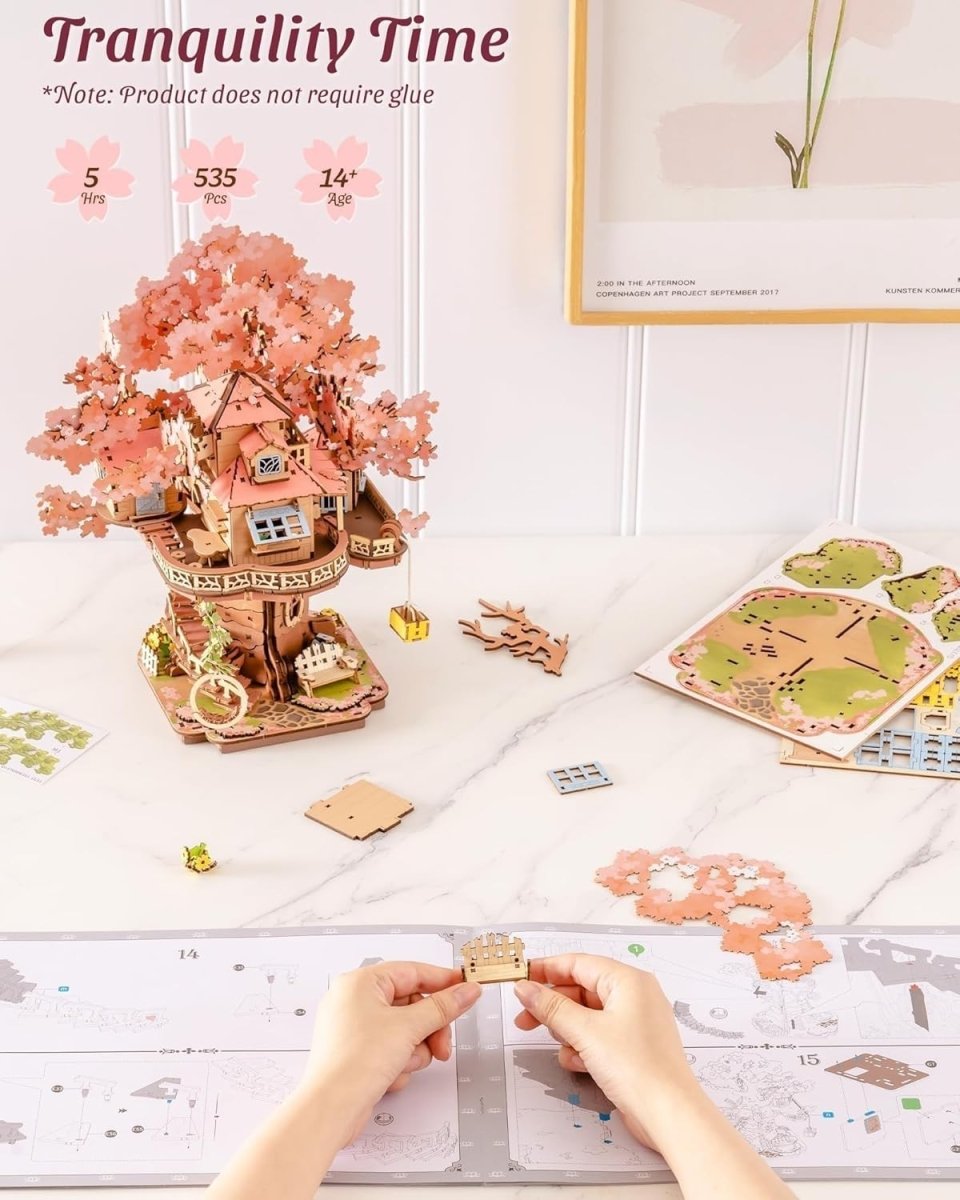 3D Wooden Sakura Treehouse Puzzle DIY Model Kit Japanese Decor Gift - Kwikley