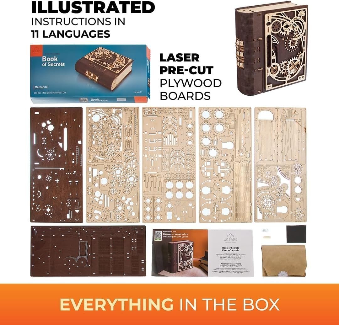 3D Wooden Secret Puzzle Box DIY Steampunk Book Safe Kit 263PCS Adult - Kwikley