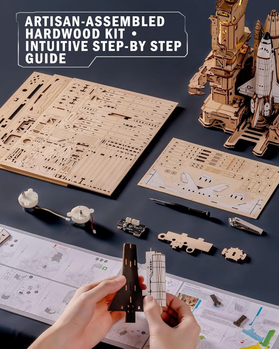 3D Wooden Space Shuttle Model Kit STEM Puzzle with Lights 446 Pieces - Kwikley