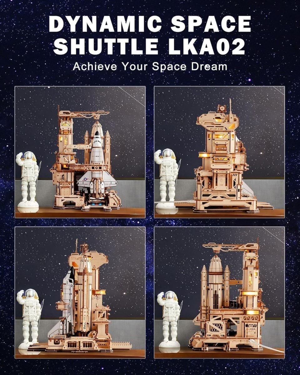 3D Wooden Space Shuttle Model Kit STEM Puzzle with Lights 446 Pieces - Kwikley