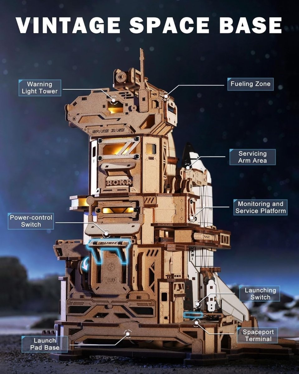 3D Wooden Space Shuttle Model Kit STEM Puzzle with Lights 446 Pieces - Kwikley