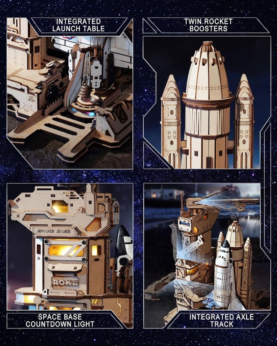 3D Wooden Space Shuttle Puzzle Model Kit Motorized Lights 446 Pieces - Kwikley
