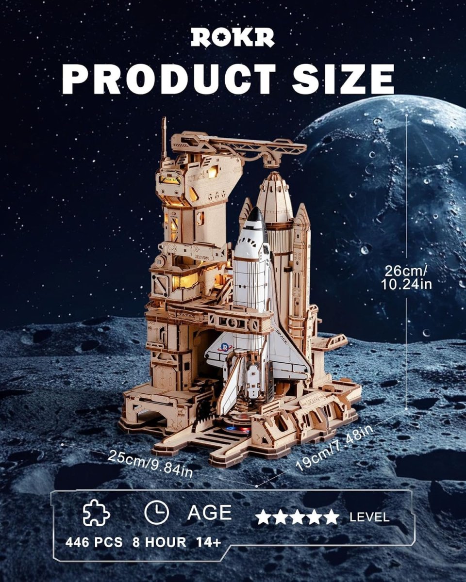 3D Wooden Space Shuttle Puzzle Model Kit Motorized Lights 446 Pieces - Kwikley