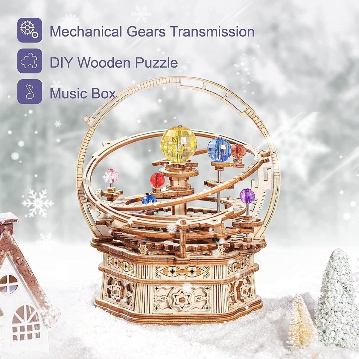 3D Wooden Starry Night Music Box Puzzle Mechanical Model Kit DIY Gift - Kwikley