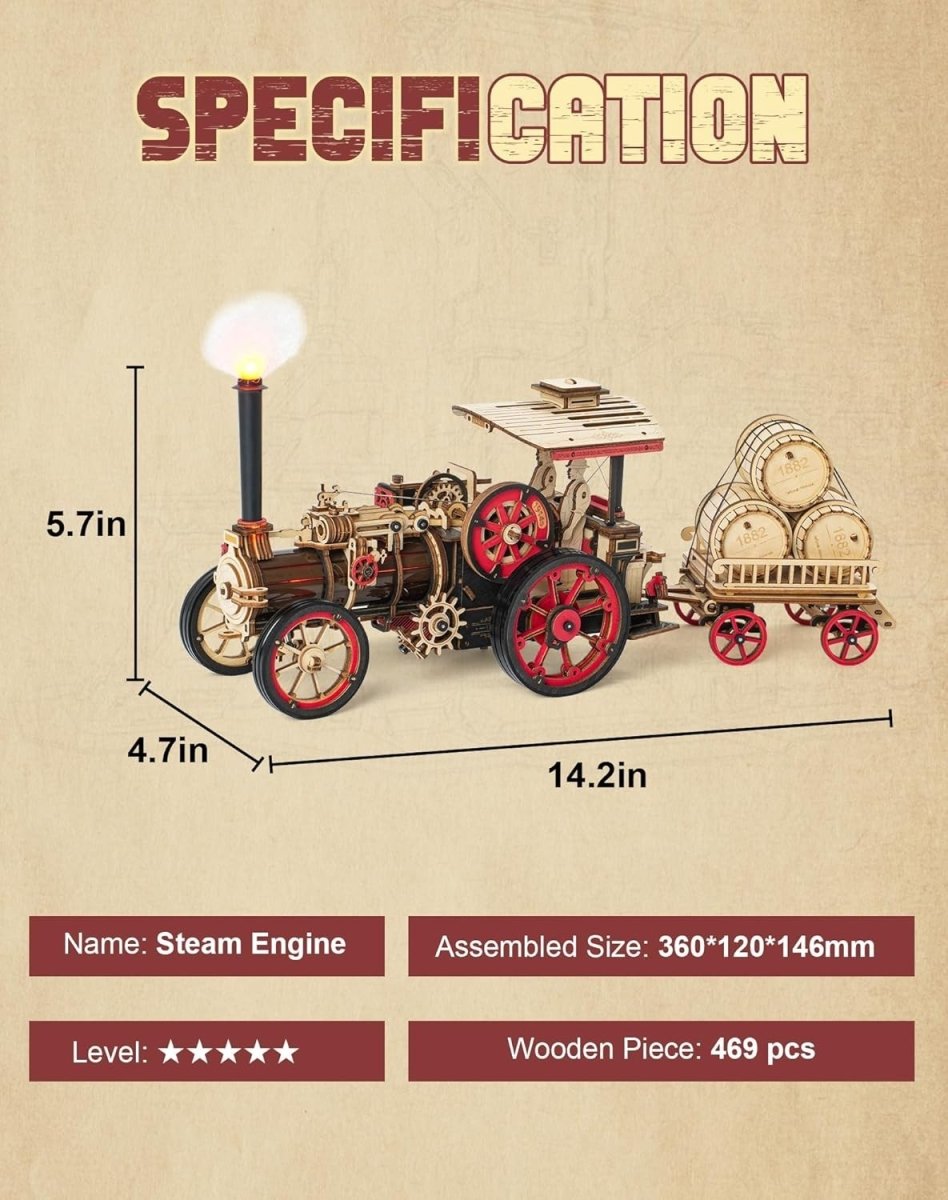 3D Wooden Steam Engine Train Model Kit Motorized LED DIY Puzzle Gift - Kwikley