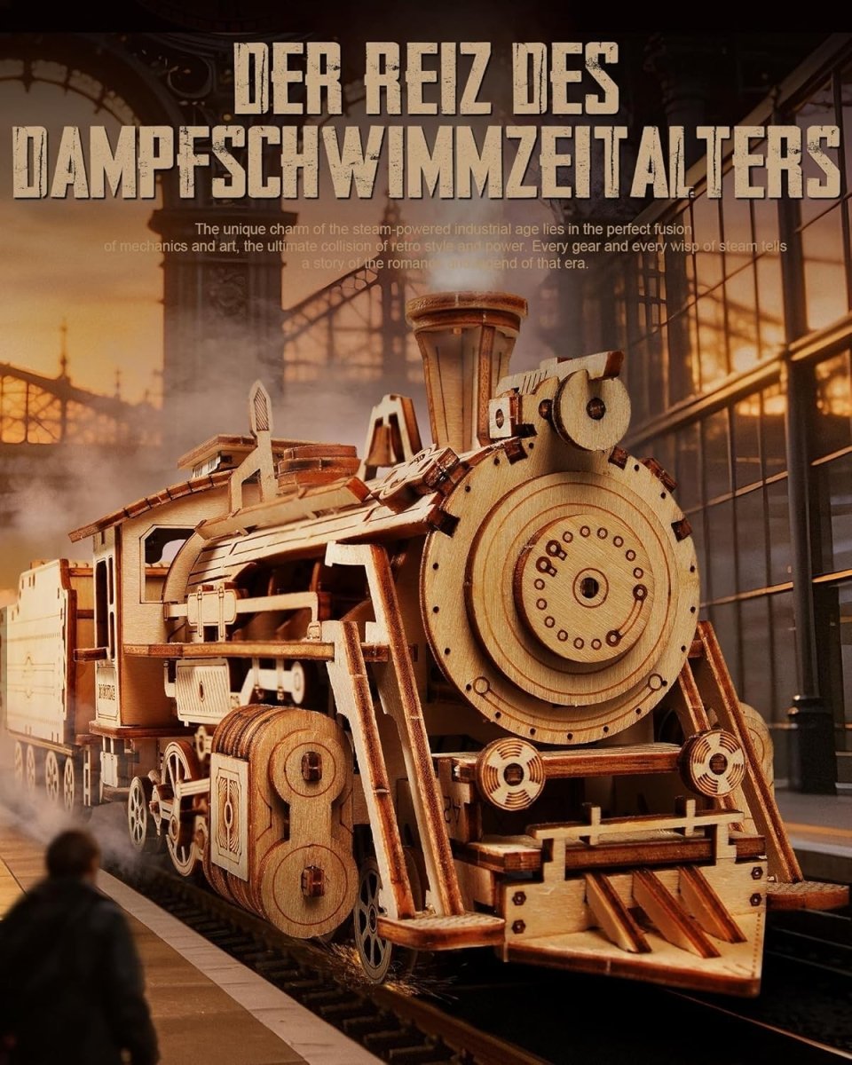 3D Wooden Steam Train Model Kit Mechanical Puzzle DIY Locomotive Build - Kwikley